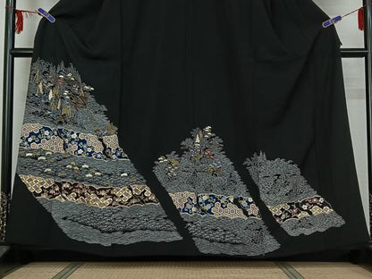 平和屋着物▽豪華黒留袖 単衣 刺繍 風景吉祥花文 金糸 金彩 正絹 逸品 AABG0271jh
