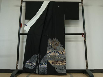 平和屋着物▽豪華黒留袖 単衣 刺繍 風景吉祥花文 金糸 金彩 正絹 逸品 AABG0271jh