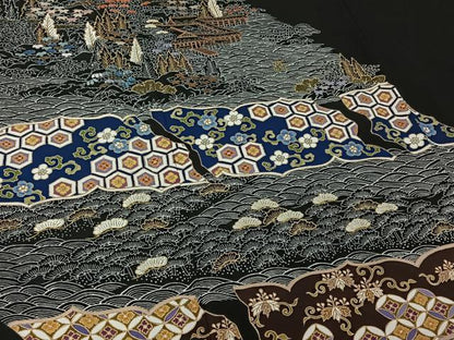 平和屋着物▽豪華黒留袖 単衣 刺繍 風景吉祥花文 金糸 金彩 正絹 逸品 AABG0271jh