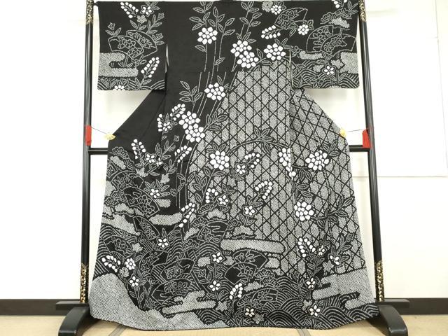 平和屋着物●訪問着 総絞り 地紙枝花文 黒地 正絹 逸品 AABG0287cs