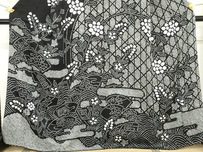 平和屋着物●訪問着 総絞り 地紙枝花文 黒地 正絹 逸品 AABG0287cs