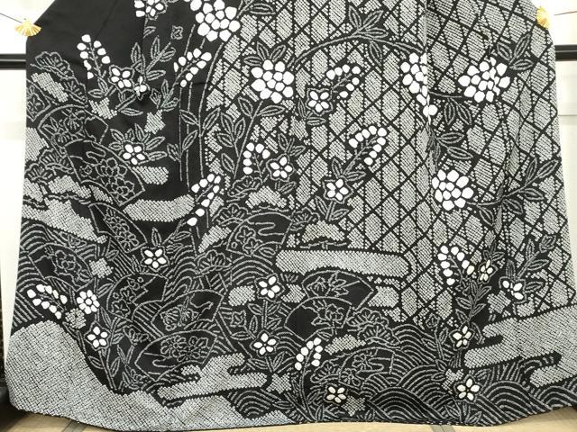 平和屋着物●訪問着 総絞り 地紙枝花文 黒地 正絹 逸品 AABG0287cs