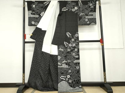平和屋着物●訪問着 総絞り 地紙枝花文 黒地 正絹 逸品 AABG0287cs