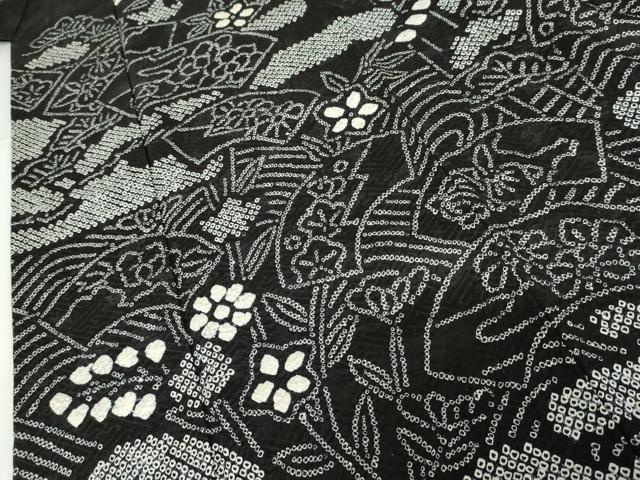 平和屋着物●訪問着 総絞り 地紙枝花文 黒地 正絹 逸品 AABG0287cs