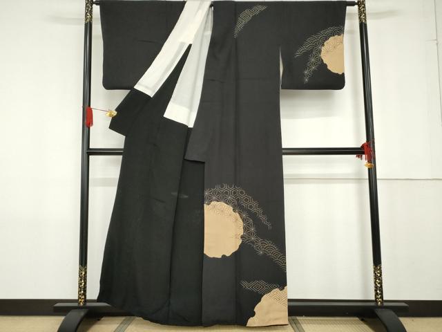 平和屋着物●訪問着 作家物 紬地 刺し子 雪輪吉祥文 黒地 正絹 逸品 AABG0292cs