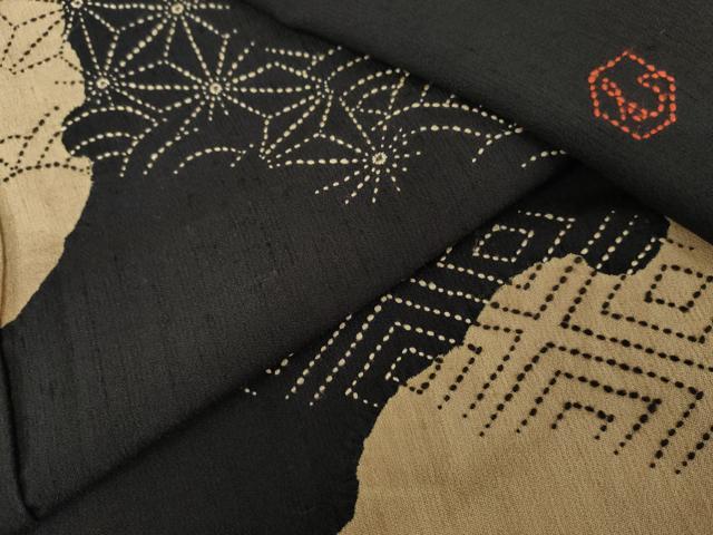 平和屋着物●訪問着 作家物 紬地 刺し子 雪輪吉祥文 黒地 正絹 逸品 AABG0292cs