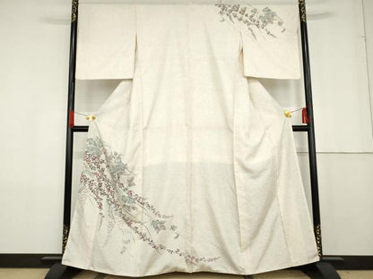 平和屋着物●訪問着 紬地 手描き 蔦の葉花文 正絹 逸品 AABG0294cs