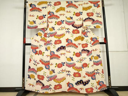 平和屋着物●上質な小紋　紅型　笠松花文　正絹　逸品　AABG0296cs