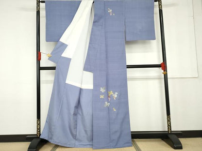 平和屋着物●訪問着　結城紬地　刺繍　葡萄蔦の葉文　金銀糸　正絹　逸品　AABG0302cs