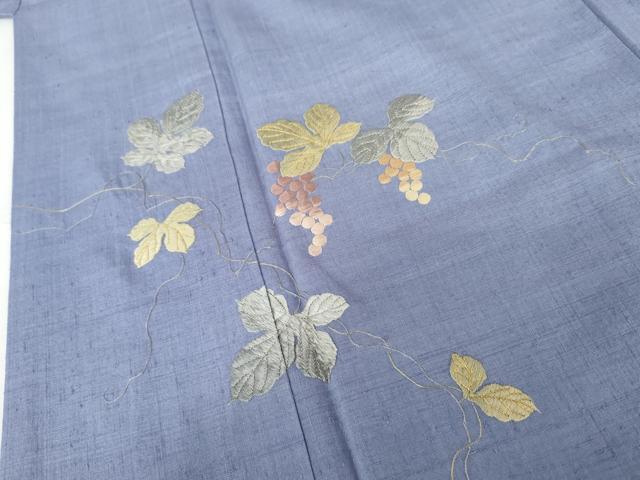 平和屋着物●訪問着　結城紬地　刺繍　葡萄蔦の葉文　金銀糸　正絹　逸品　AABG0302cs