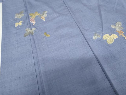 平和屋着物●訪問着　結城紬地　刺繍　葡萄蔦の葉文　金銀糸　正絹　逸品　AABG0302cs