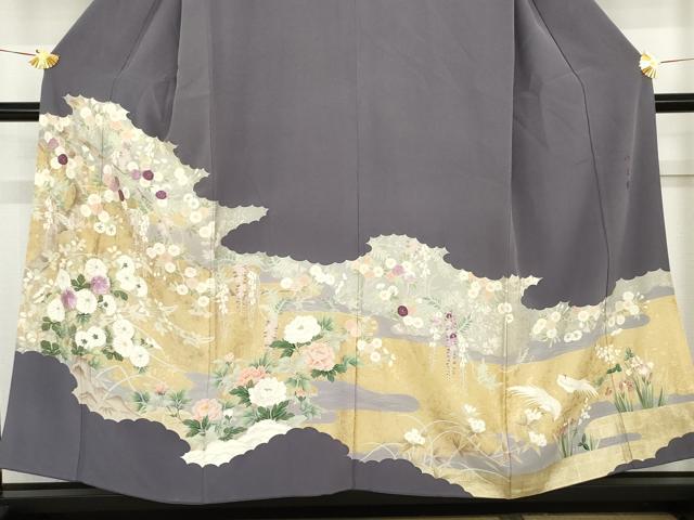 平和屋着物●京の名門　じゅらく謹製　帝王紫(古代帝王紫)　色留訪問着　刺繍　花鳥文　金糸　金彩　正絹　逸品　AABG0305cs