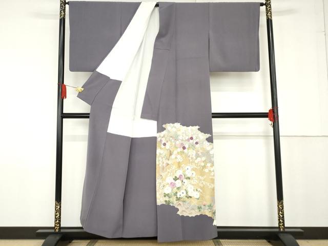 平和屋着物●京の名門　じゅらく謹製　帝王紫(古代帝王紫)　色留訪問着　刺繍　花鳥文　金糸　金彩　正絹　逸品　AABG0305cs