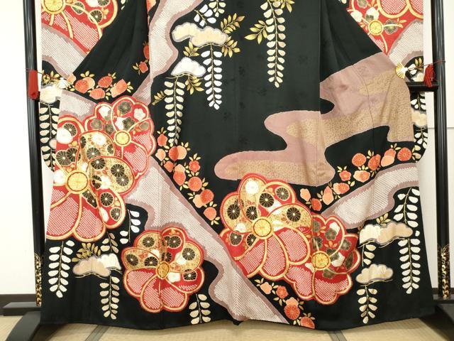 平和屋着物●豪華振袖・長襦袢(袷)セット 梅松花文 黒地 金彩 半衿刺繍 正絹 逸品 AABG0306cs