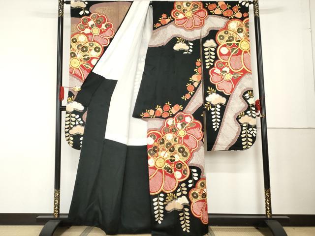 平和屋着物●豪華振袖・長襦袢(袷)セット 梅松花文 黒地 金彩 半衿刺繍 正絹 逸品 AABG0306cs
