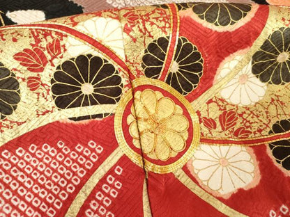 平和屋着物●豪華振袖・長襦袢(袷)セット 梅松花文 黒地 金彩 半衿刺繍 正絹 逸品 AABG0306cs