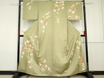 平和屋着物●英王室献上友禅作家 木下勝功 訪問着 ラインストーン 枝花文 金彩 銀通し地 正絹 逸品 AABG0310cs