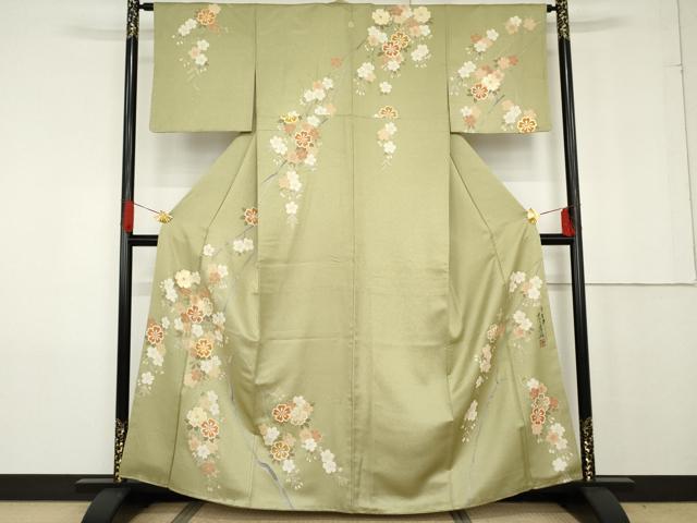 平和屋着物●英王室献上友禅作家 木下勝功 訪問着 ラインストーン 枝花文 金彩 銀通し地 正絹 逸品 AABG0310cs
