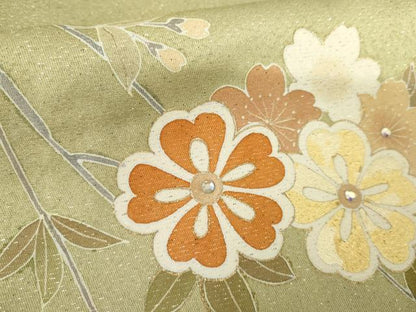平和屋着物●英王室献上友禅作家 木下勝功 訪問着 ラインストーン 枝花文 金彩 銀通し地 正絹 逸品 AABG0310cs