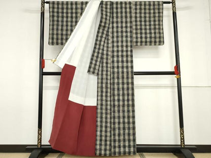 平和屋着物●上質な紬　格子　正絹　逸品　AABG0330cs