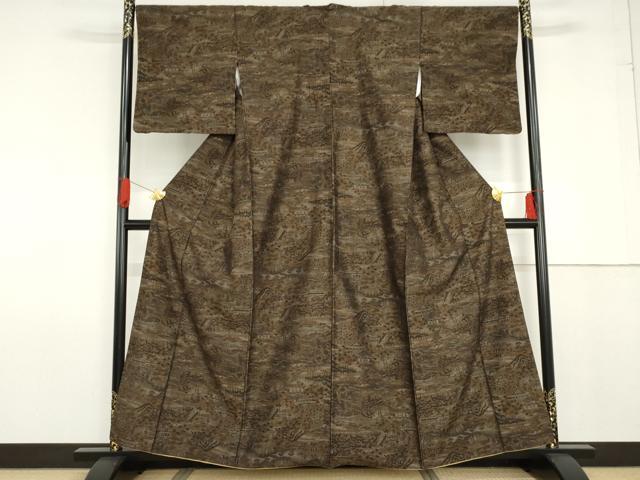 平和屋着物●小千谷紬　100亀甲　飛び亀甲　風景文　正絹　逸品　AABG0331cs