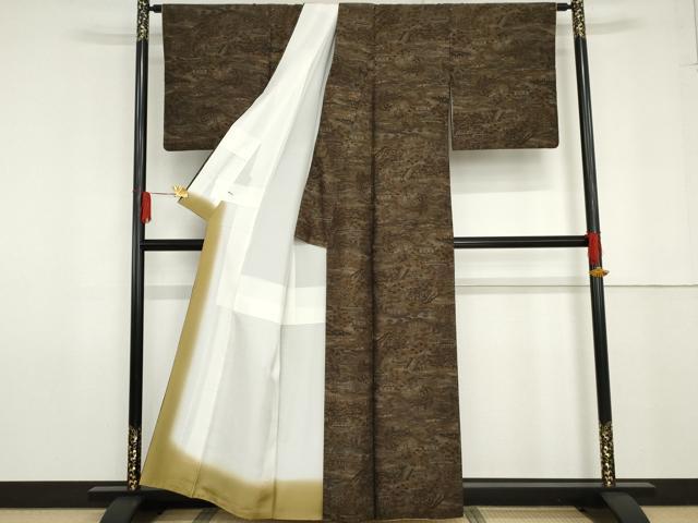 平和屋着物●小千谷紬　100亀甲　飛び亀甲　風景文　正絹　逸品　AABG0331cs