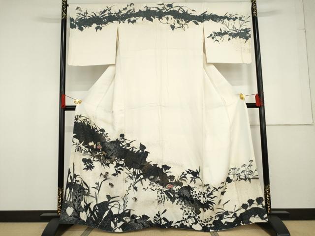 平和屋着物●訪問着 地紙草花シルエット 金銀彩 正絹 逸品 AABG0340cs