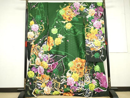 平和屋着物●豪華振袖　花蝶文　洗える着物　未使用　AABG0347cs