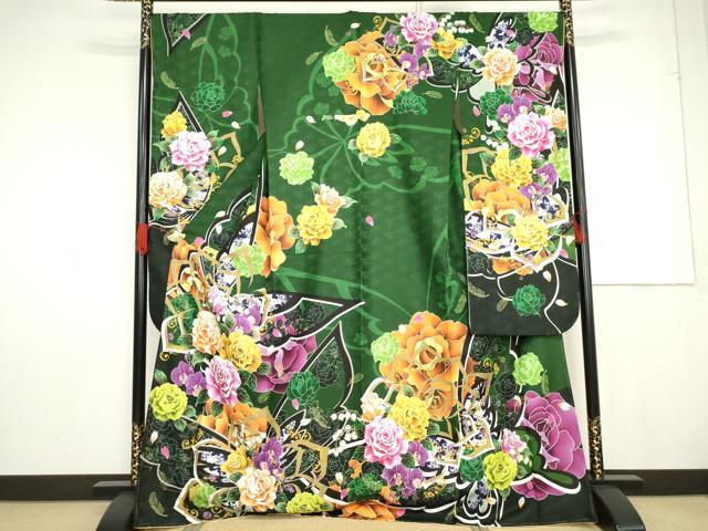 平和屋着物●豪華振袖　花蝶文　洗える着物　未使用　AABG0347cs