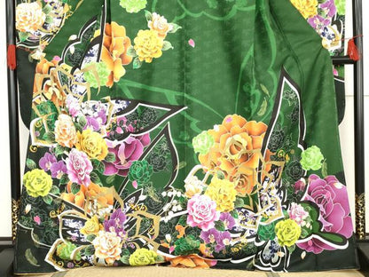 平和屋着物●豪華振袖　花蝶文　洗える着物　未使用　AABG0347cs