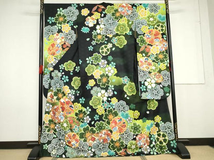 平和屋着物●豪華振袖　舞花文　暈し染め　黒地　洗える着物　未使用　AABG0348cs