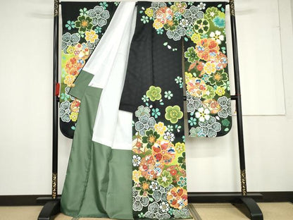 平和屋着物●豪華振袖　舞花文　暈し染め　黒地　洗える着物　未使用　AABG0348cs