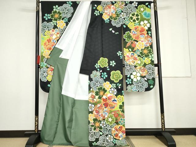 平和屋着物●豪華振袖　舞花文　暈し染め　黒地　洗える着物　未使用　AABG0348cs