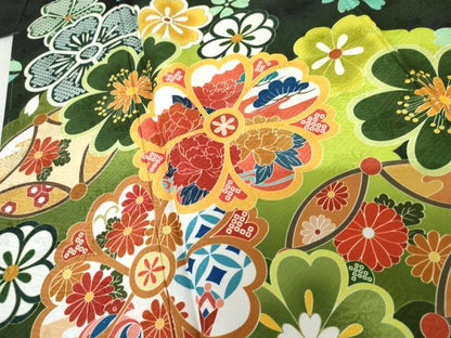平和屋着物●豪華振袖　舞花文　暈し染め　黒地　洗える着物　未使用　AABG0348cs