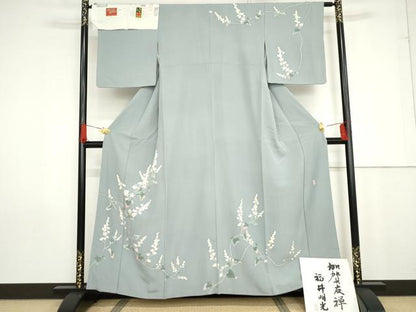 平和屋着物●本加賀友禅作家　福井明光　訪問着　枝花文　浜ちりめん　反端・色紙付き　正絹　逸品　AABG0352cs