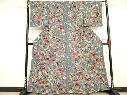 平和屋着物●上質な小紋 型染め 流水花鳥文 正絹 逸品 未使用 AABG0356cs