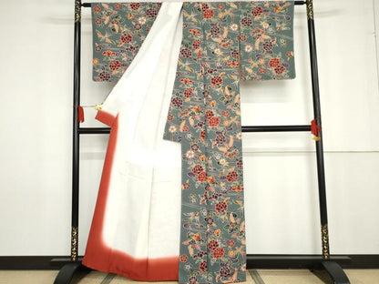 平和屋着物●上質な小紋 型染め 流水花鳥文 正絹 逸品 未使用 AABG0356cs
