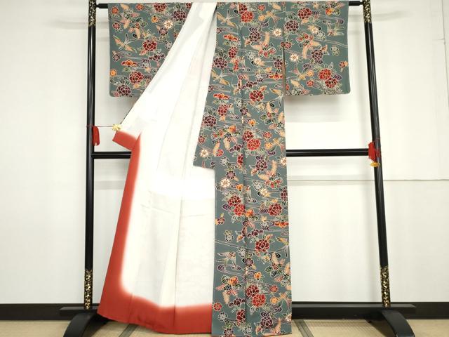 平和屋着物●上質な小紋 型染め 流水花鳥文 正絹 逸品 未使用 AABG0356cs