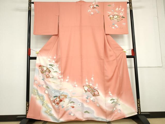 平和屋着物●訪問着 友禅 扇面梅松花唐草文 暈し染め 金彩 正絹 逸品 AABG0369cs