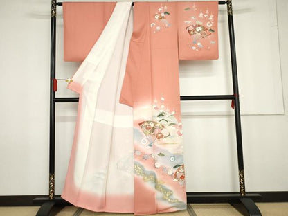 平和屋着物●訪問着 友禅 扇面梅松花唐草文 暈し染め 金彩 正絹 逸品 AABG0369cs