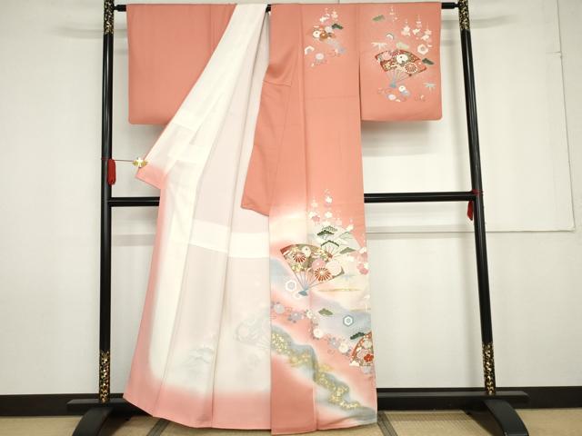 平和屋着物●訪問着 友禅 扇面梅松花唐草文 暈し染め 金彩 正絹 逸品 AABG0369cs