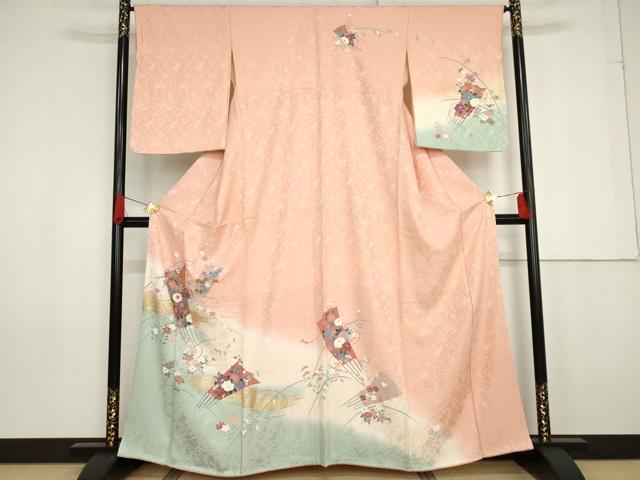 平和屋着物●訪問着　扇面草花文　暈し染め　金銀彩　正絹　逸品　AABG0373cs