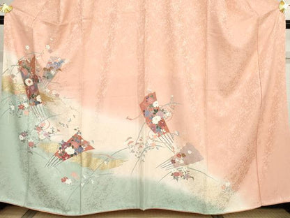 平和屋着物●訪問着　扇面草花文　暈し染め　金銀彩　正絹　逸品　AABG0373cs