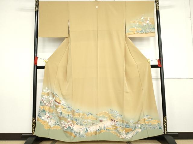 平和屋着物●訪問着 御所車雲取り風景梅松文 暈し染め 金彩 正絹 逸品 AABG0374cs