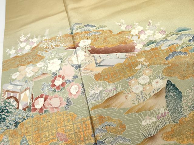 平和屋着物●訪問着 御所車雲取り風景梅松文 暈し染め 金彩 正絹 逸品 AABG0374cs