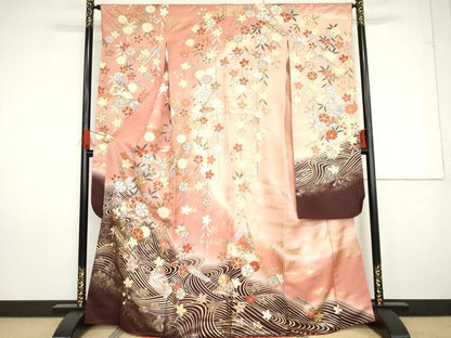 平和屋着物●豪華振袖　立波扇面枝垂れ花文　暈し染め　金銀彩　正絹　逸品　AABG0375cs