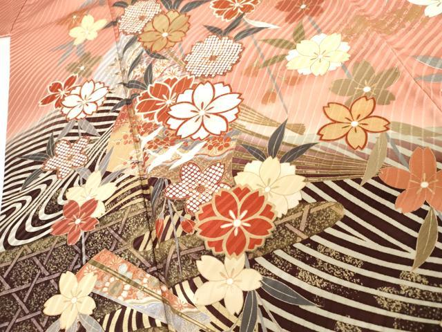 平和屋着物●豪華振袖　立波扇面枝垂れ花文　暈し染め　金銀彩　正絹　逸品　AABG0375cs