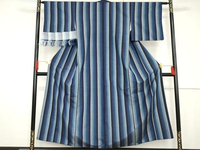 平和屋着物●石川県指定無形文化財　牛首紬　白山工房　手織り　藍　縞　反端付き　正絹　逸品　AABG0389cs