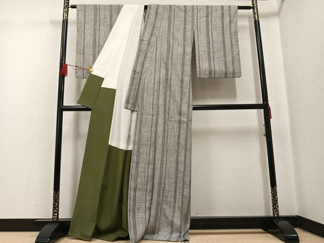 平和屋着物●本場結城紬　重要無形文化財　間道　正絹　逸品　AABG0408ph