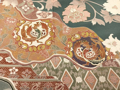 平和屋着物●豪華色留袖 駒刺繍 鳳凰吉祥更紗 金彩 正絹 逸品 AABG0409ph